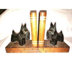 Vintage Hand Carved Wood Scottie Dog Bookends MCM Library Decor Book Lovers Gift